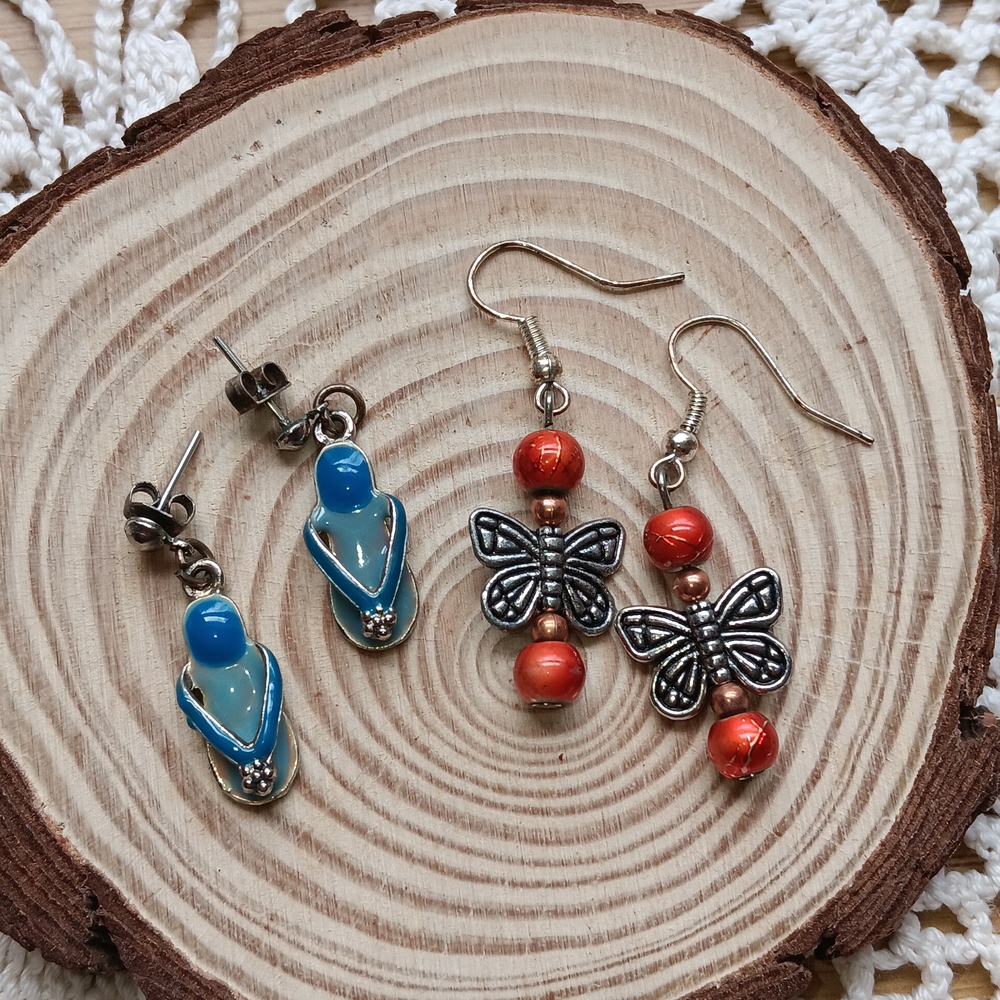 2 Pair Earrings- Orange Beads Butterfly Pair and Blue Sandals Pair